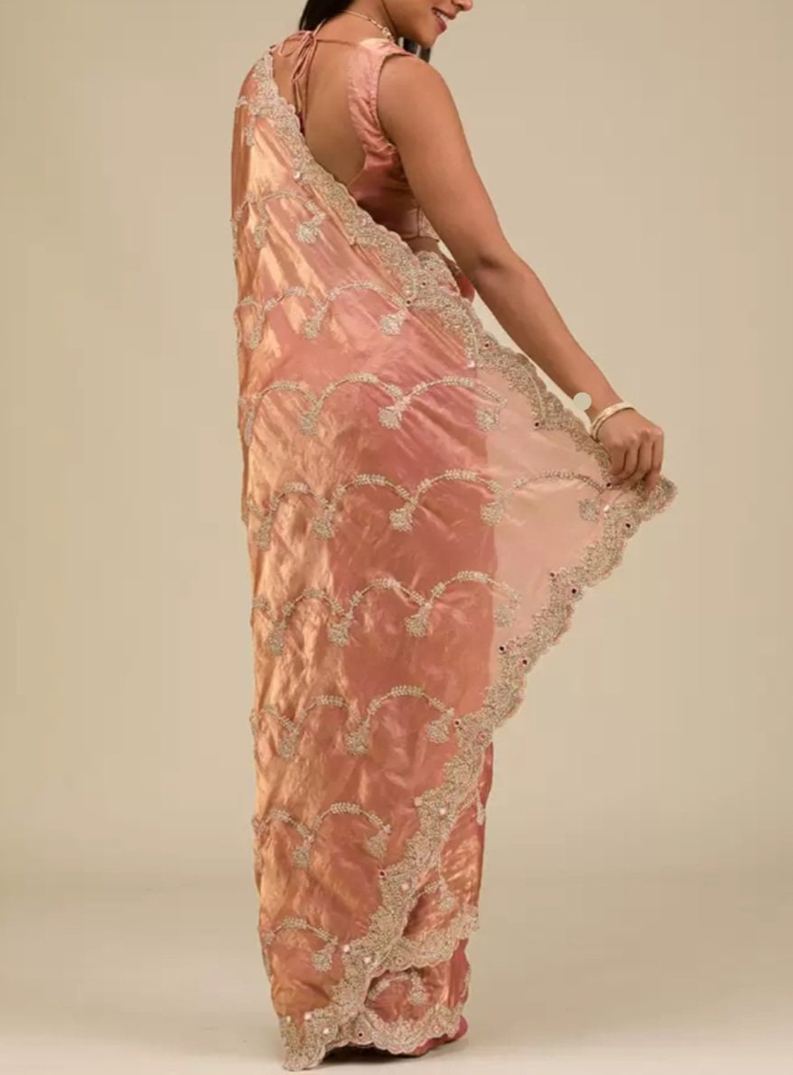 Peach Colored Floral Embroidered Zari Tissue Saree with Elegant Gold Tones FREE Matching Petticoat Perfect for Weddings Pooja Bridal Wear
