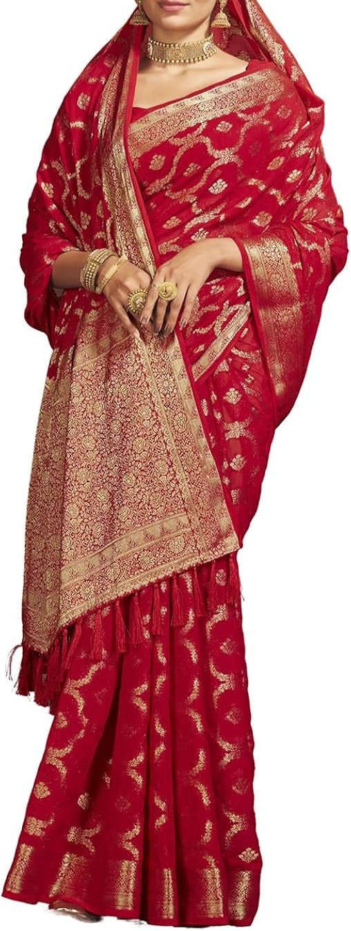 Women's Red Georgette Bridal Saree with Soft Woven Zari Work and Blouse Piece Ideal Indian Wedding Saree Elegant Festive Bridal Wear