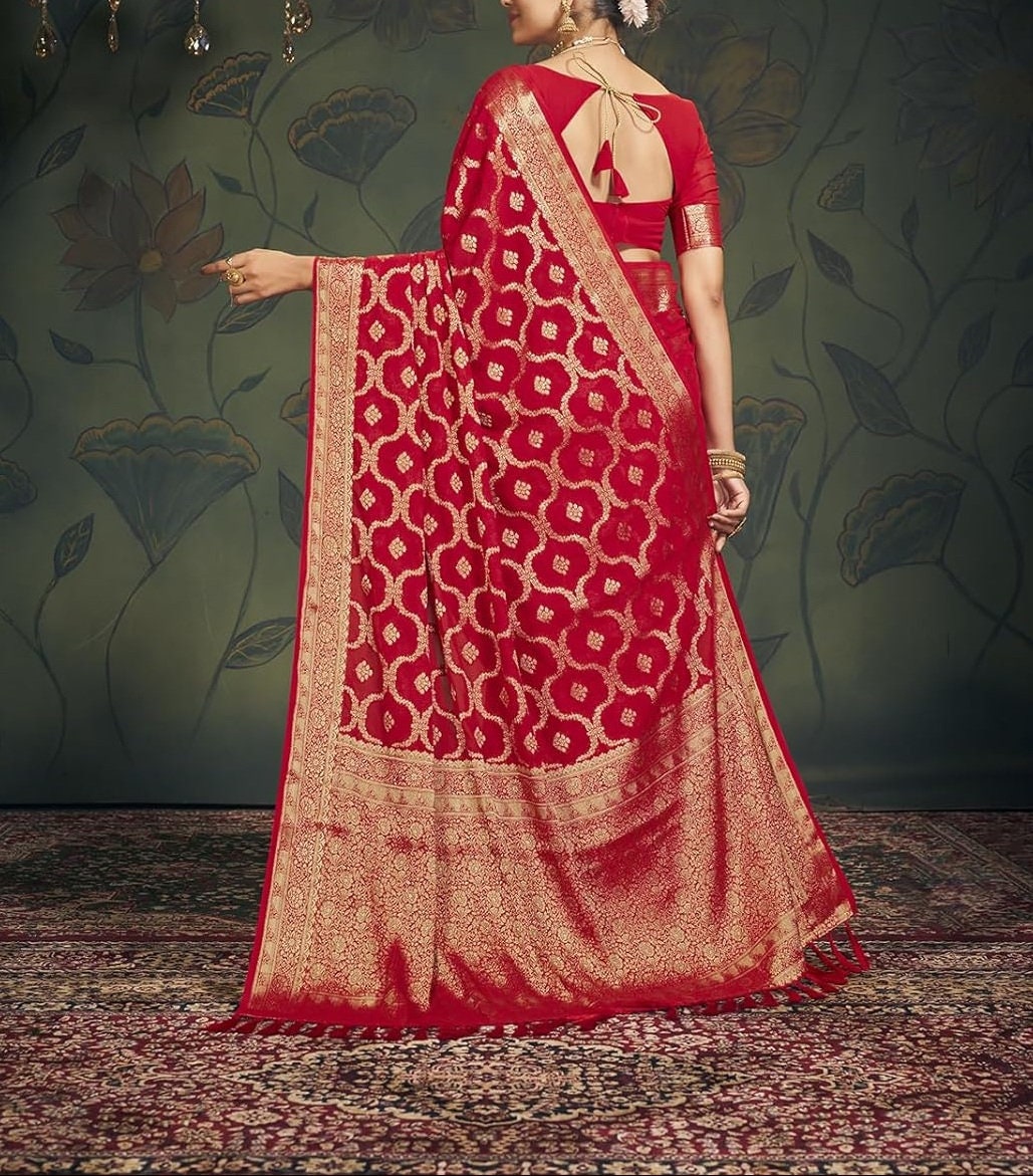Women's Red Georgette Bridal Saree with Soft Woven Zari Work and Blouse Piece Ideal Indian Wedding Saree Elegant Festive Bridal Wear