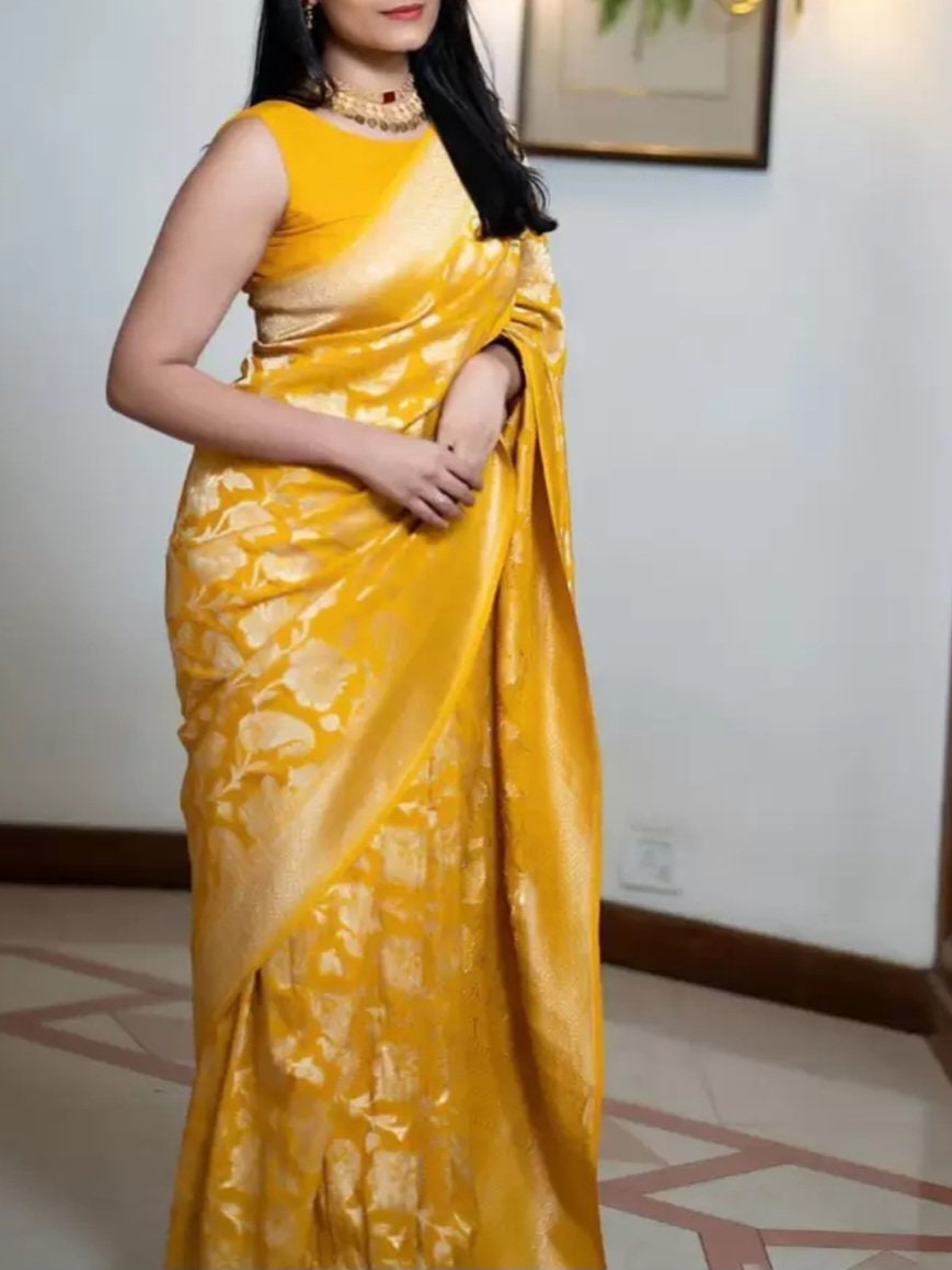 Yellow Gold Toned Ethnic Motifs Banarasi Saree with Zari Woven Design Elegant Indian Wedding Wear Perfect for Pooja Festive Celebrations