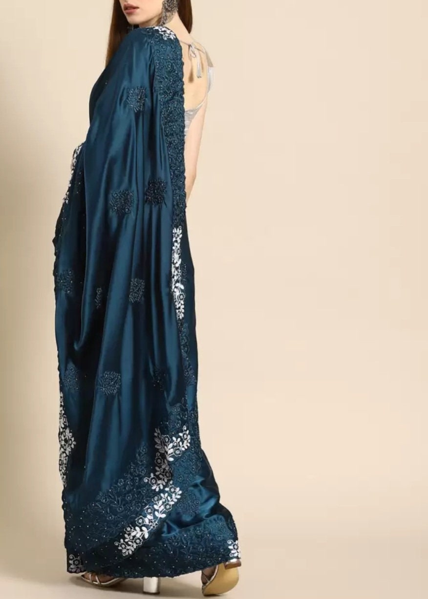 Blue Floral Embroidered Satin Saree with Woven Design Border Soft Silk Drape for Wedding Pooja Wear Elegant Indian Attire Ideal Gift for Her