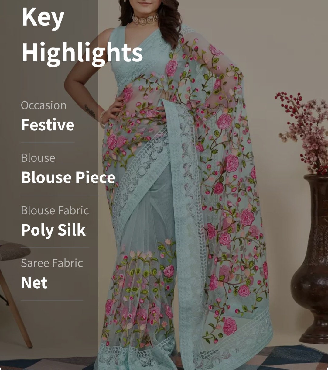 Turquoise Blue Pink Floral Embroidered Net Saree Boho Chic Bridal Sari for Wedding Party Wear Elegant Designer Saree with Embroidered Border