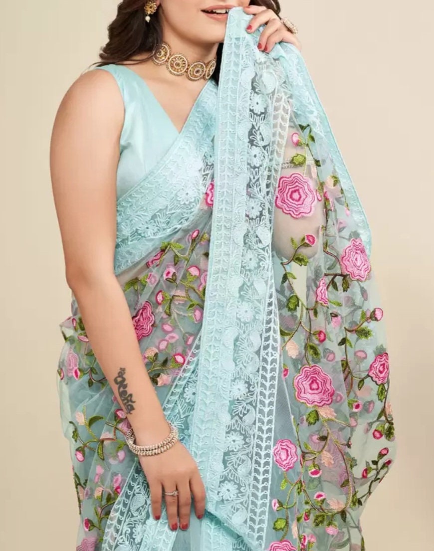 Turquoise Blue Pink Floral Embroidered Net Saree Boho Chic Bridal Sari for Wedding Party Wear Elegant Designer Saree with Embroidered Border