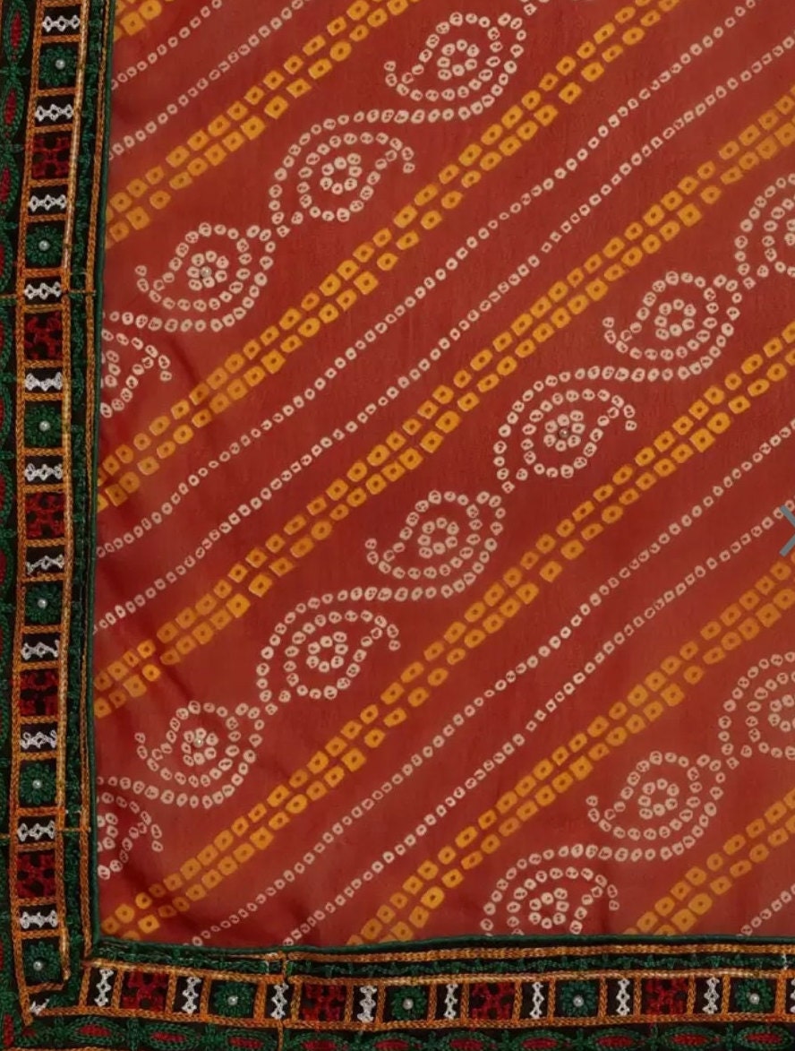 Red Orange Embroidered Pure Georgette Bandhani Saree Ethnic Wedding Wear Lightweight Traditional Saree for Women for Pooja Bridal Events
