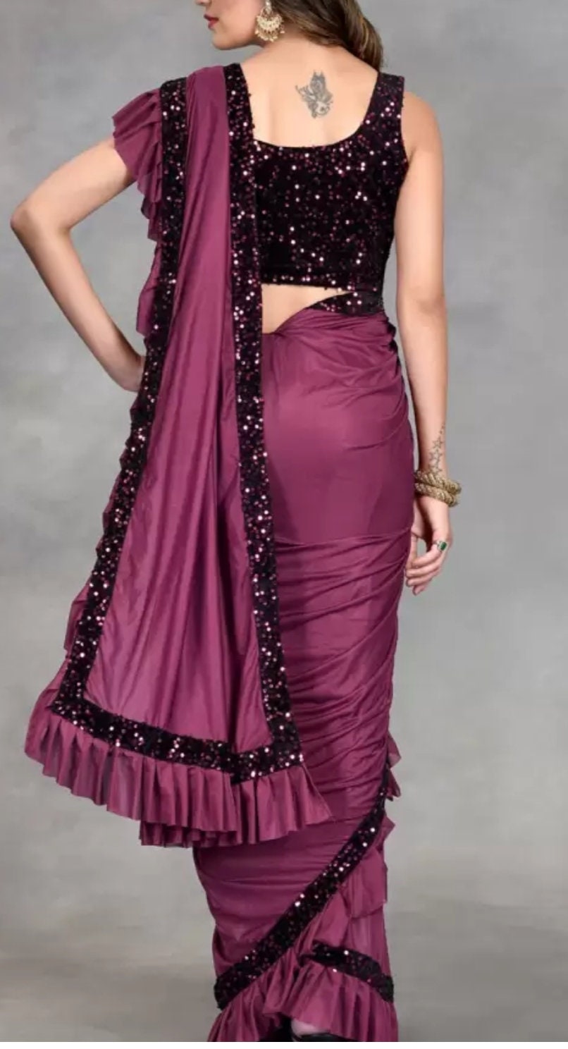 Emblished Sequinned Saree With Ruffles, Lycra Purple saree, Solid saree with embellished border Free Matching Petticoat