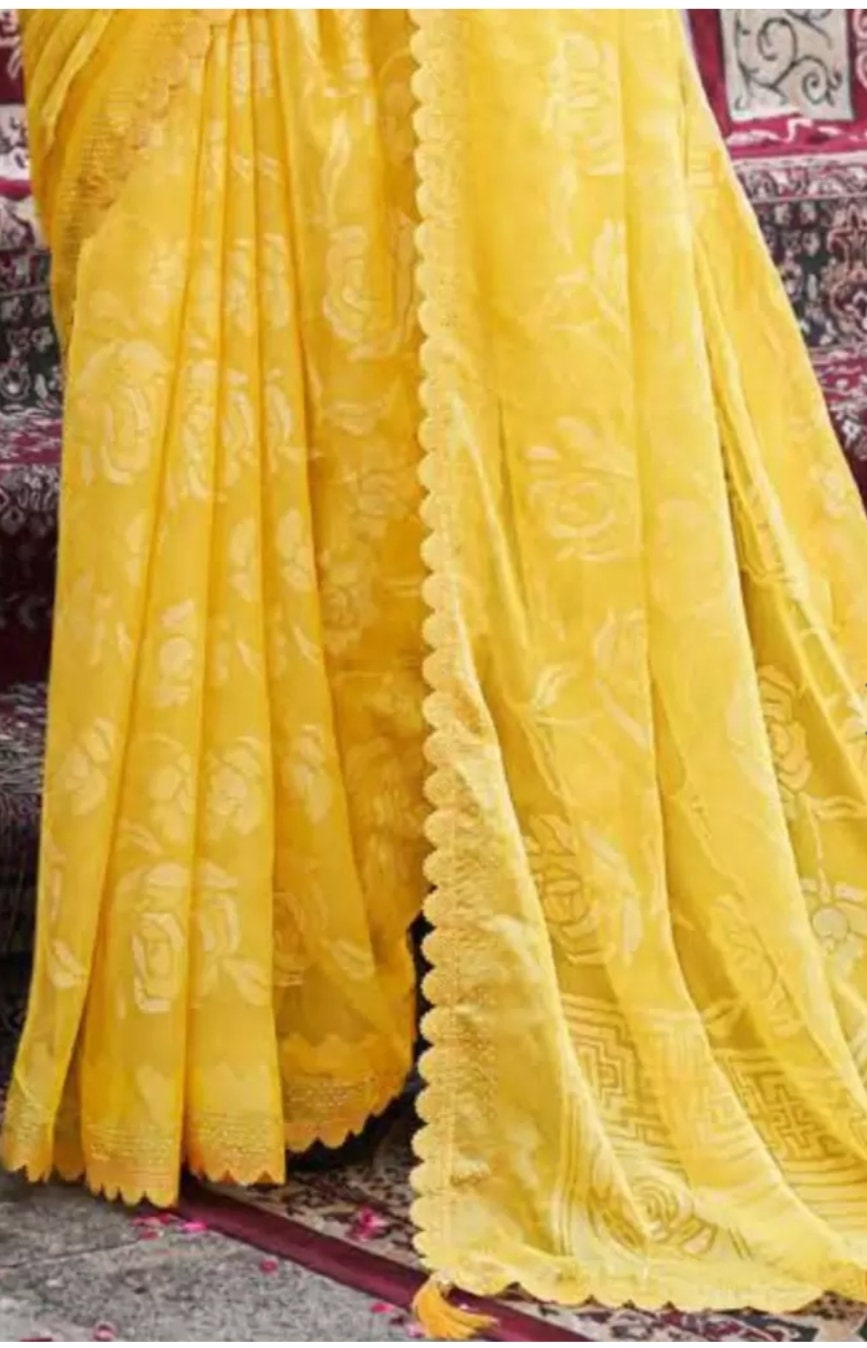 Floral Beads and Stones Pure Chiffon Yellow Saree, Floral embellished saree with embroidered border border, Saree with FREE Petticoat