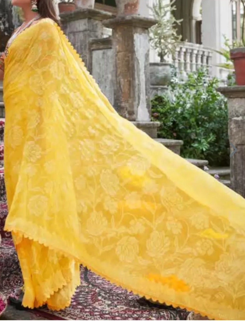 Floral Beads and Stones Pure Chiffon Yellow Saree, Floral embellished saree with embroidered border border, Saree with FREE Petticoat