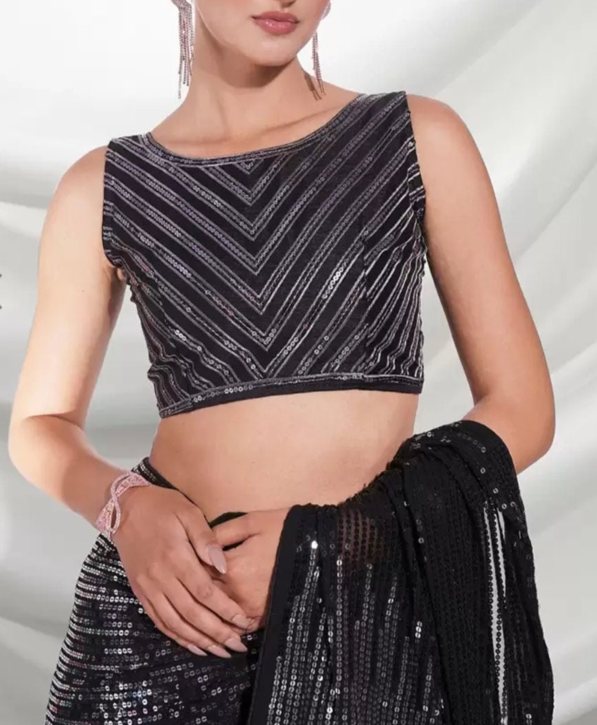 Embellished Sequinned Pure Georgette Saree, Black and silver saree, Embellished saree with embellished border, Saree With FREE Petticoat