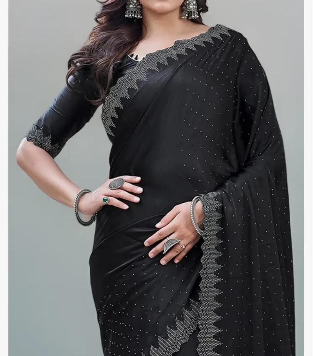Elegant Black Women's Satin Hot Fixing Stone Work Border Saree With Blouse Piece & Free Matching Petticoat