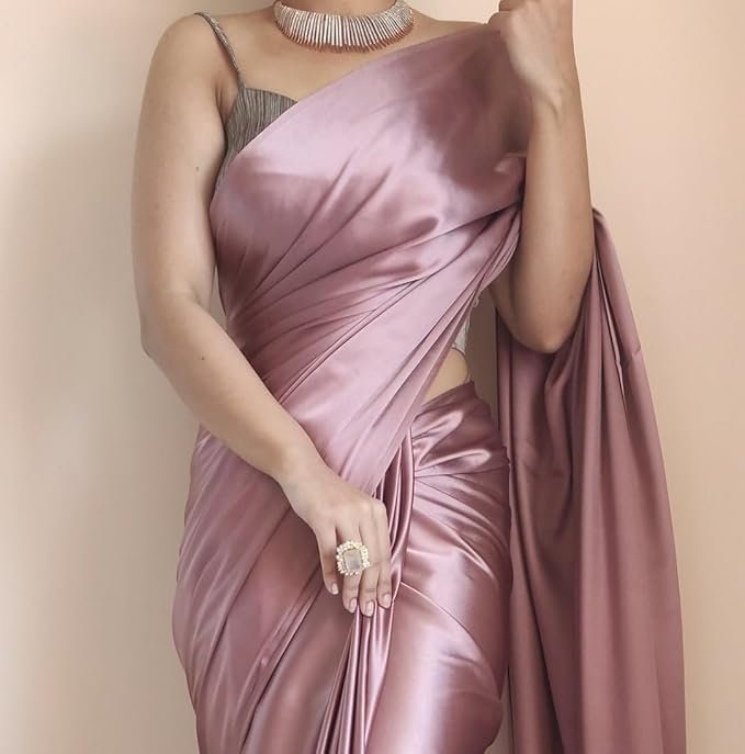 Satin Saree With Blouse | Women's Ready to Wear Rose Gold Satin Silk 1 Minute Pre Pleated Heavy Saree with Designer Hand Work Tassels