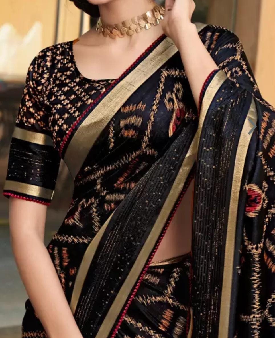 Printed Zari Cotton Saree, Black and brown saree, Geometric printed saree with embellished border with FREE Petticoat