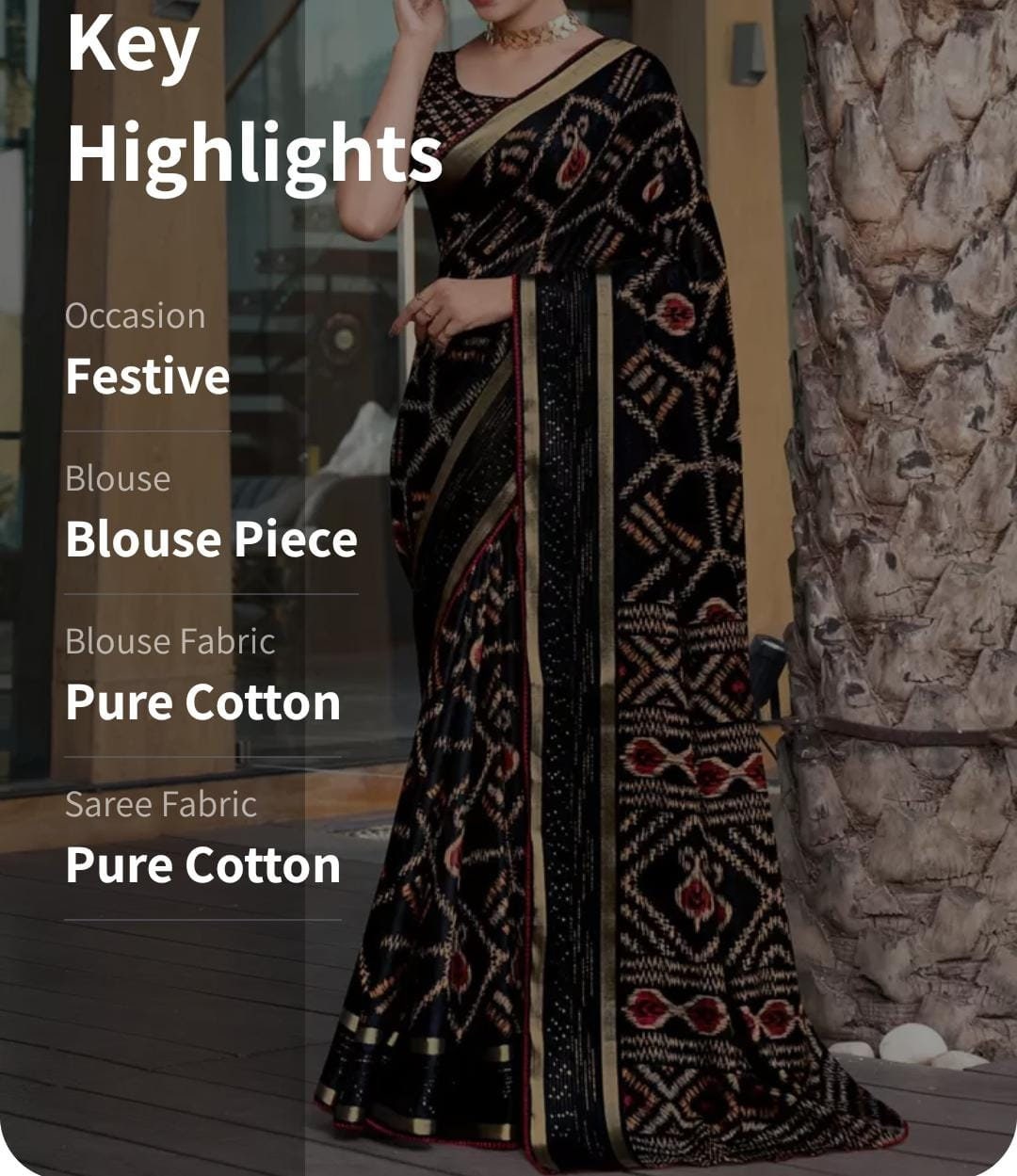 Printed Zari Cotton Saree, Black and brown saree, Geometric printed saree with embellished border with FREE Petticoat