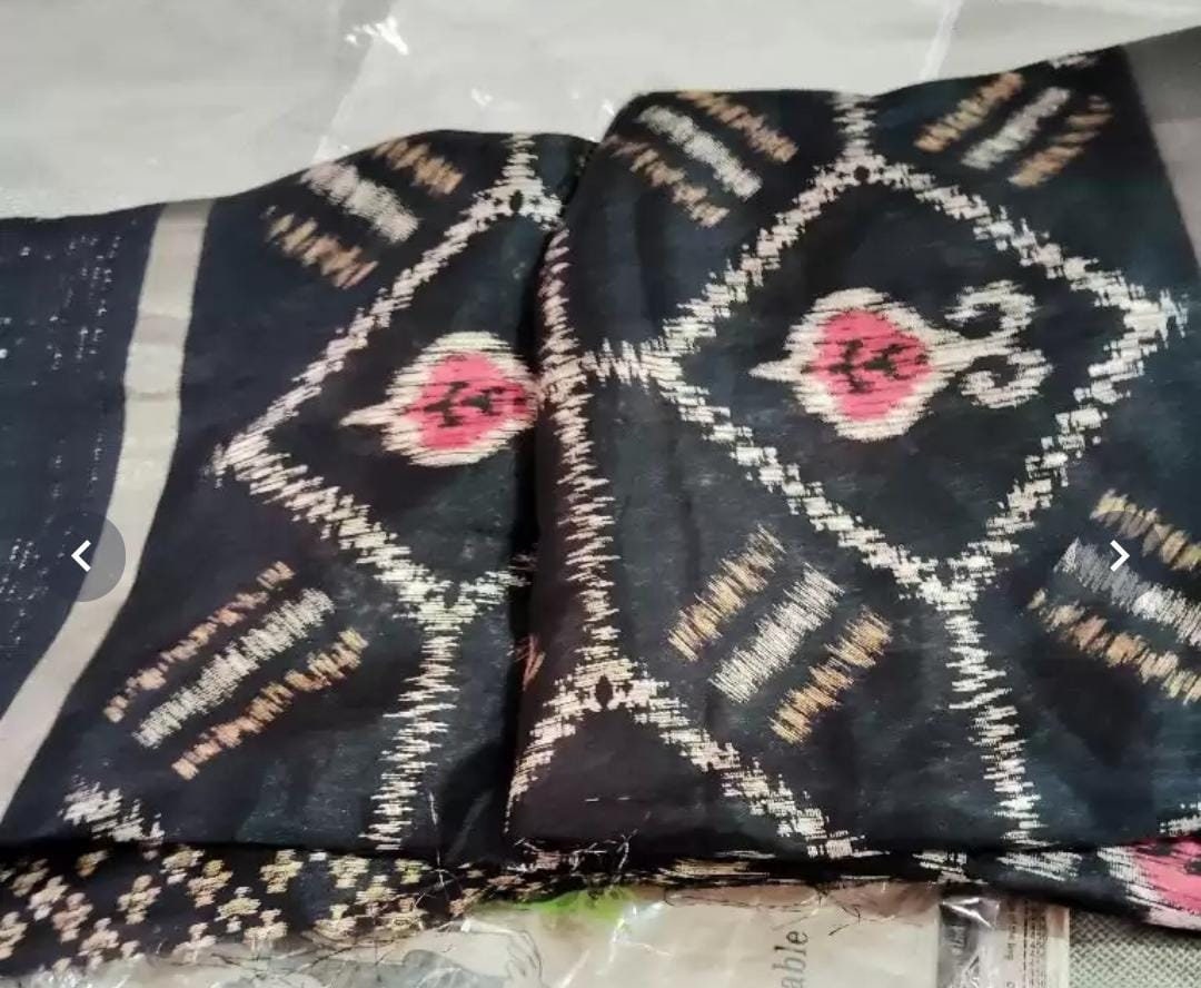 Printed Zari Cotton Saree, Black and brown saree, Geometric printed saree with embellished border with FREE Petticoat