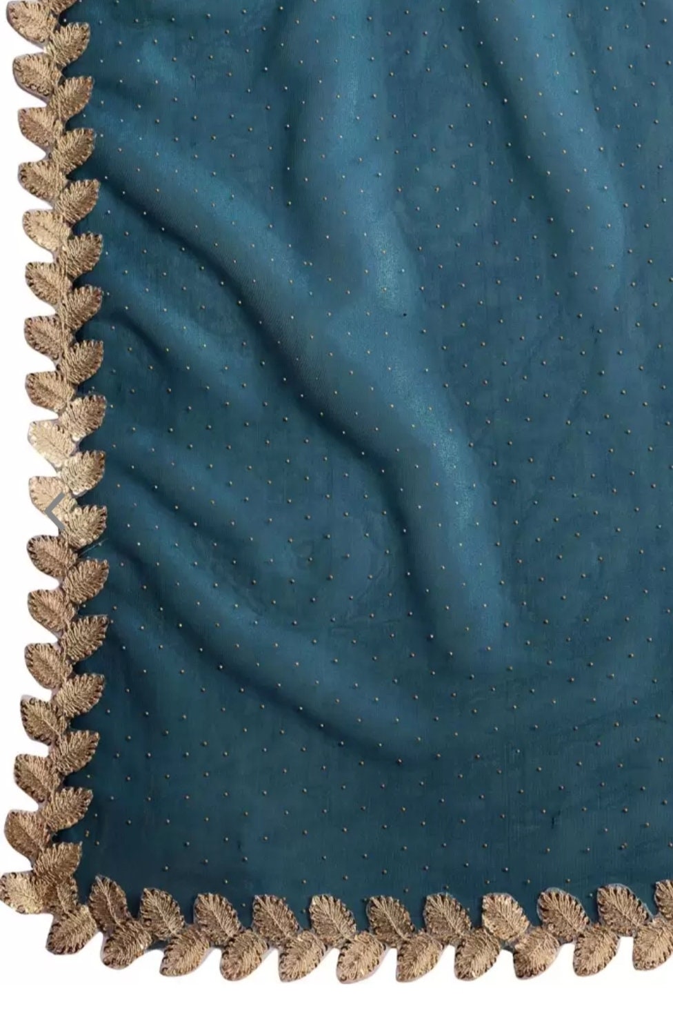 Embellished Beads and Stones Net Saree, Teal and gold-toned saree, Saree with FREE Petticoat.