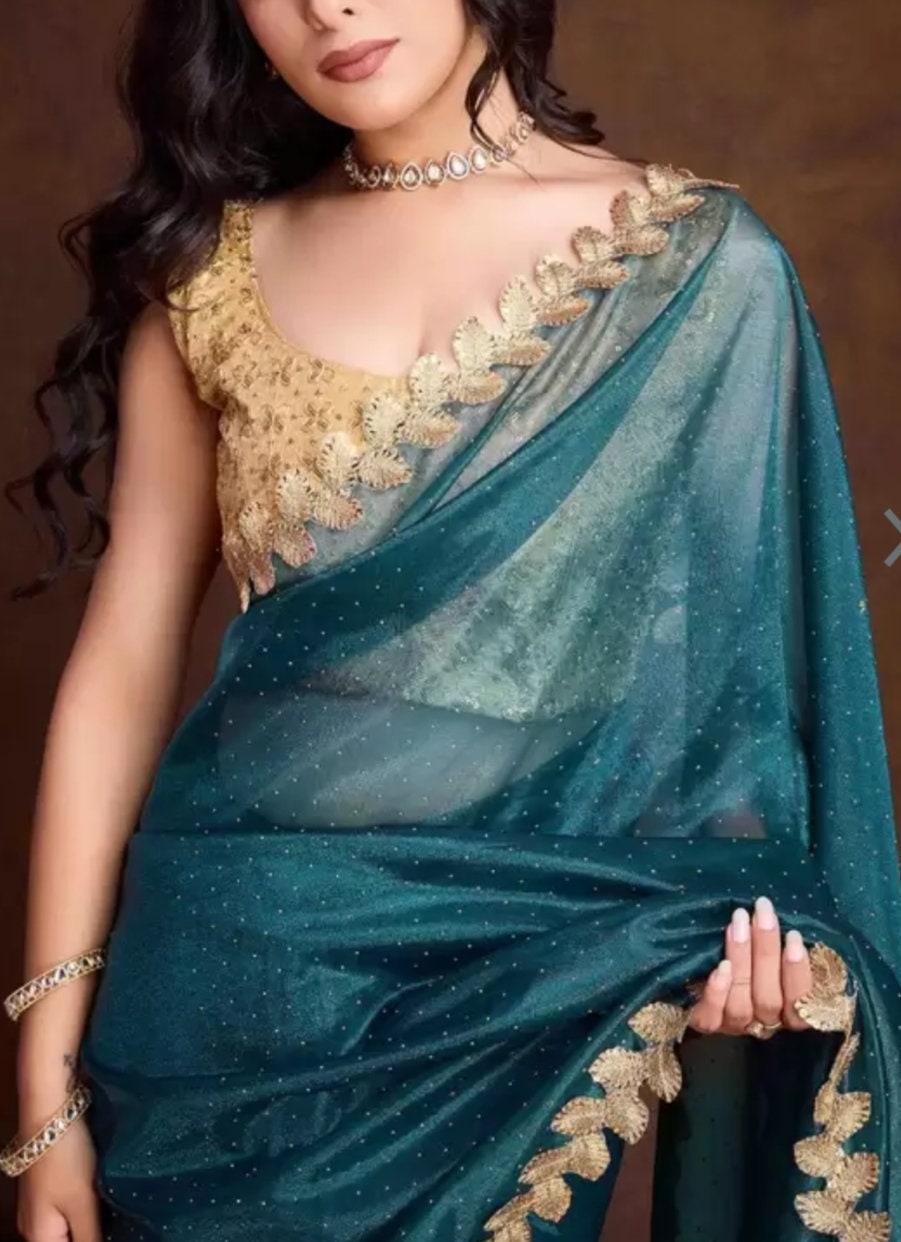 Embellished Beads and Stones Net Saree, Teal and gold-toned saree, Saree with FREE Petticoat.