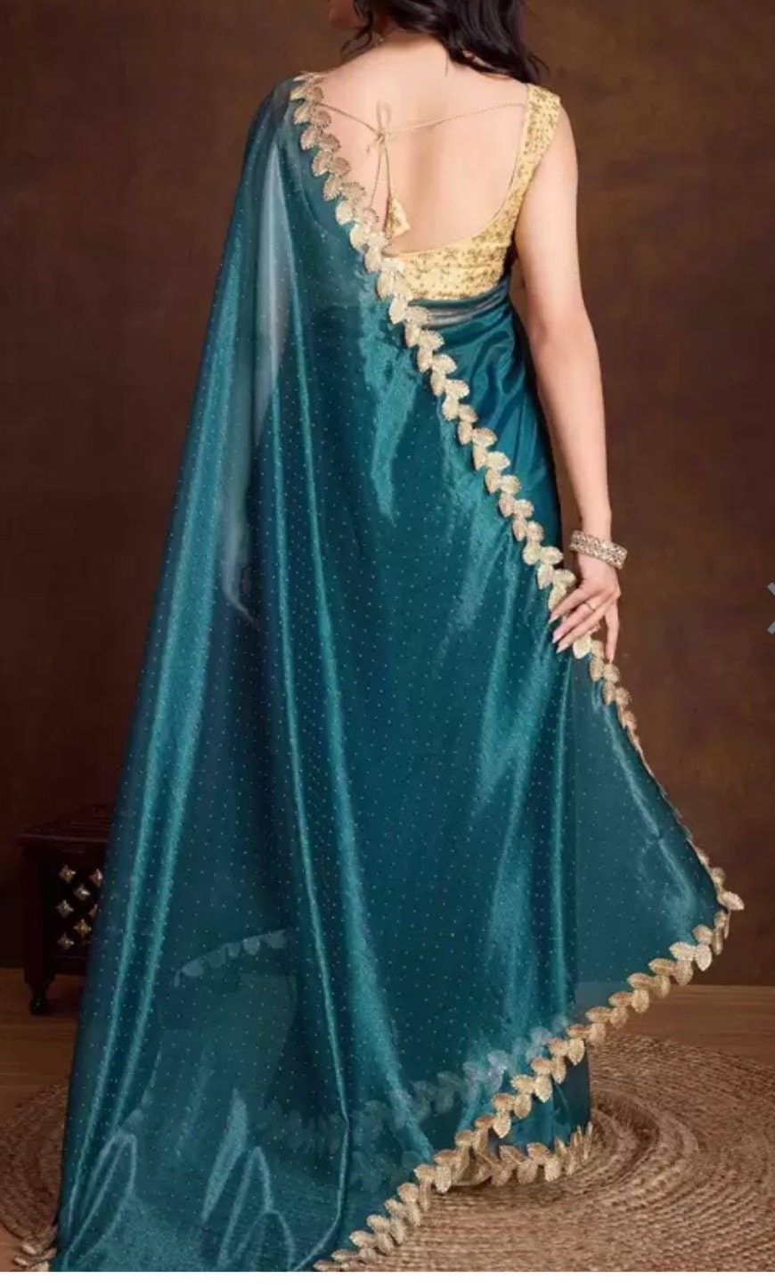 Embellished Beads and Stones Net Saree, Teal and gold-toned saree, Saree with FREE Petticoat.