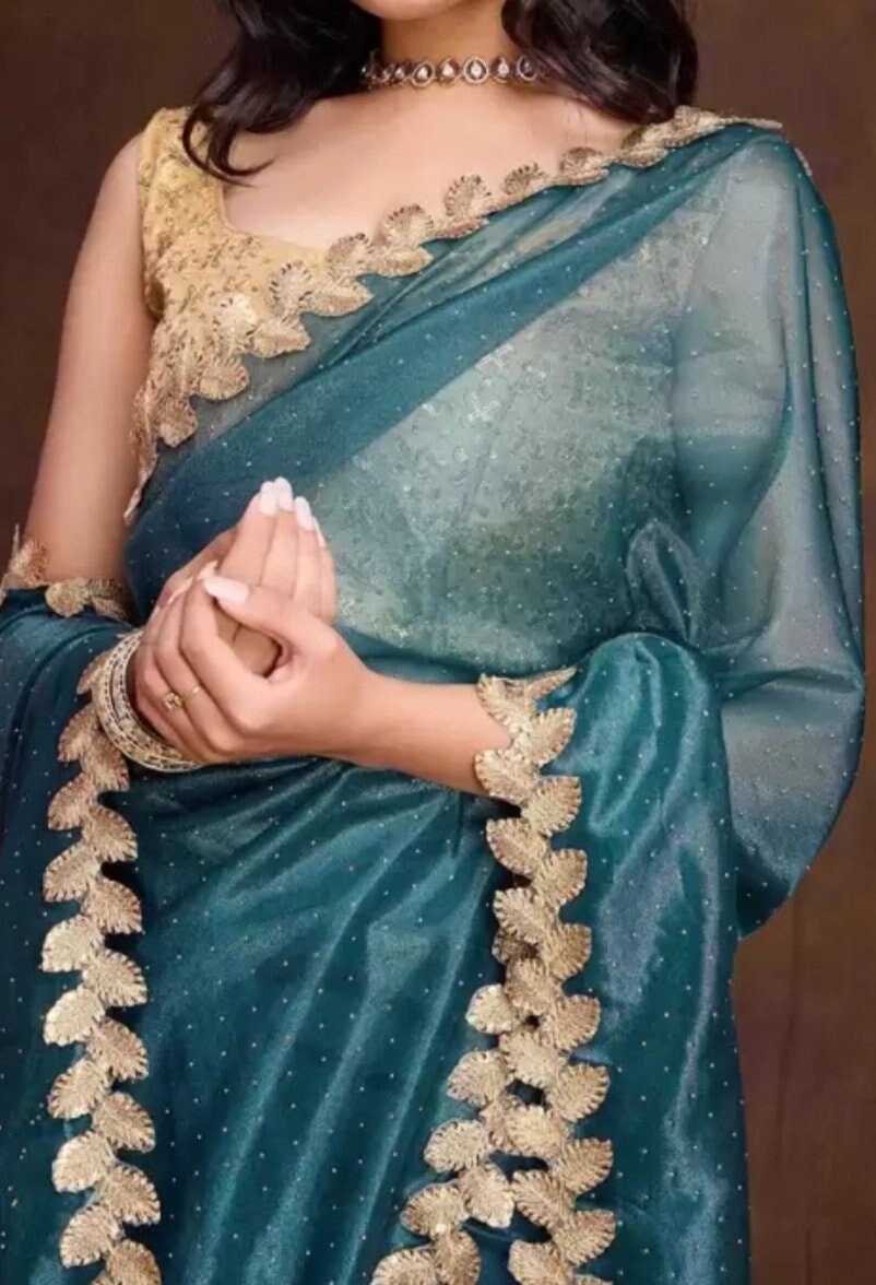 Embellished Beads and Stones Net Saree, Teal and gold-toned saree, Saree with FREE Petticoat.
