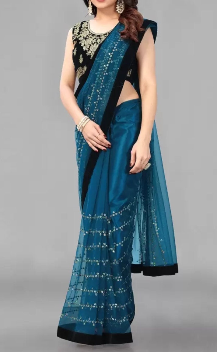 Turquoise blue saree, Embellished embroidered saree with solid border, Saree with FREE Petticoat.