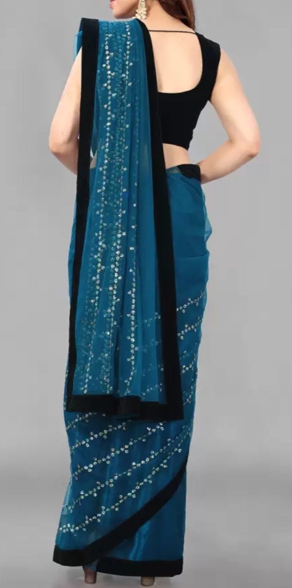 Turquoise blue saree, Embellished embroidered saree with solid border, Saree with FREE Petticoat.