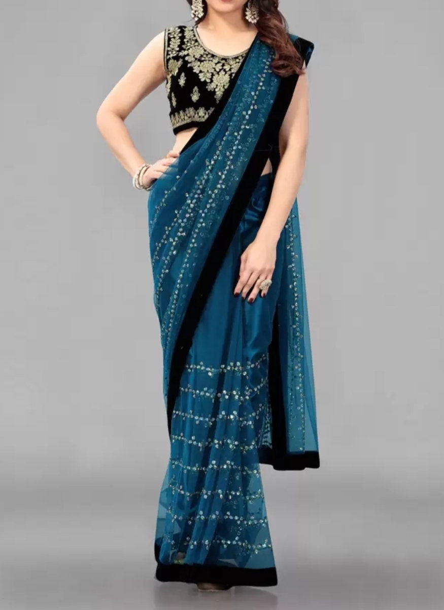 Turquoise blue saree, Embellished embroidered saree with solid border, Saree with FREE Petticoat.