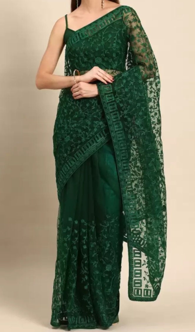 Ethnic Motif Embellished Embroidered Saree, Green Saree, Saree with FREE Matching Petticoat.