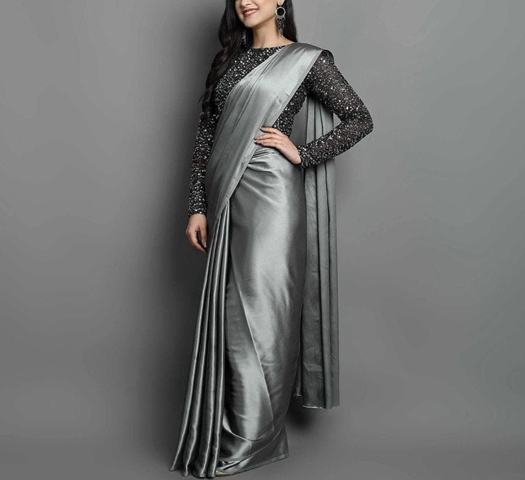Womens GREY Solid Mysore Satin SILK Saree Sequence Embroidery Blouse piece, Saree With FREE Petticoat
