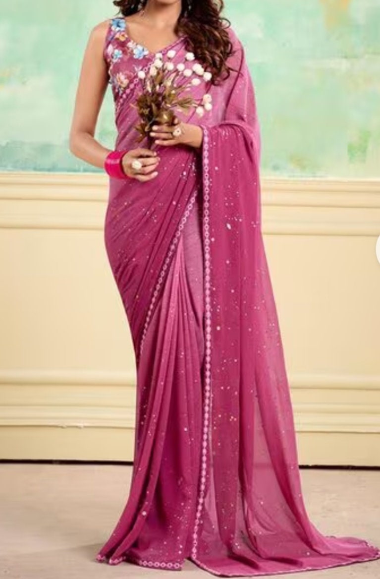 Women's Georgette Foil Printed Saree With Unstitched Blouse, Sarees For Womens, Burgundy Saree | Mauve Blouse , Saree With FREE Petticoat