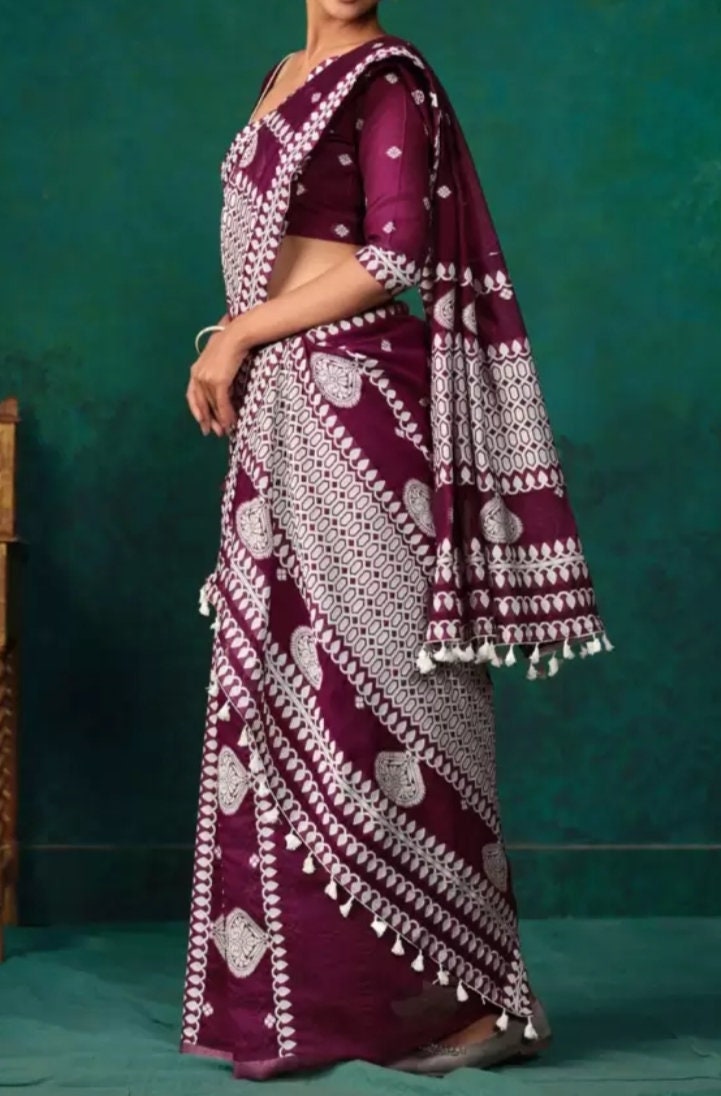 COTTON Blend PURPLE and white Muga saree, Assamese Mekhela Chador Sari With Blouse Piece, Ethnic motifs woven design sari with FREE Peticoat