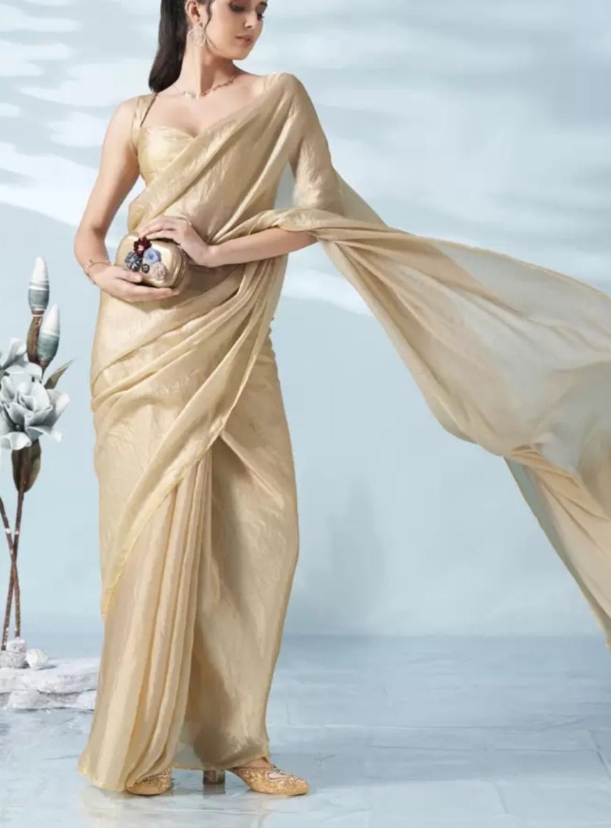 BEIGE saree Solid / Plain Daily Wear SATIN Saree, Luxurious Drape for Special Occasions, Saree With FREE Matching Petticoat