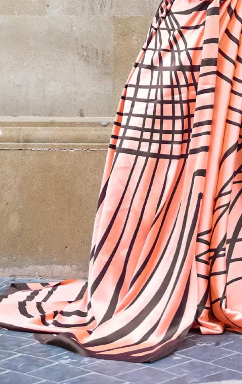 Peach and Black Striped Satin Saree with Free Matching Petticoat Elegant Lightweight Partywear for Evening Events Traditional Indian Fashion
