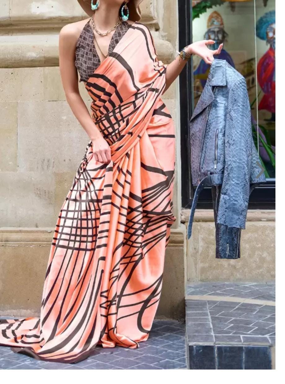 Peach and Black Striped Satin Saree with Free Matching Petticoat Elegant Lightweight Partywear for Evening Events Traditional Indian Fashion