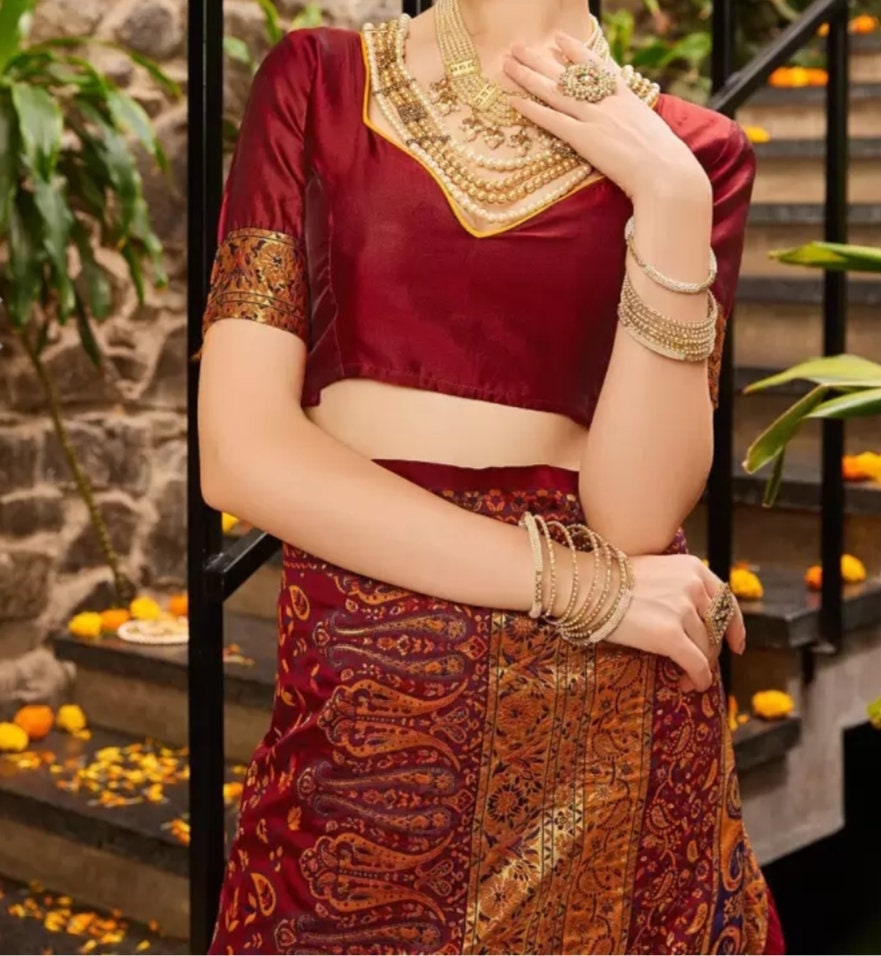 Woven Design Zari Patola Saree, Brown and Blue Patola Saree, Woven design saree with woven design border, Saree With FREE Matching Petticoat