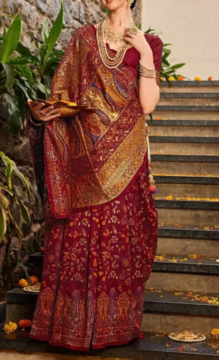 Woven Design Zari Patola Saree, Brown and Blue Patola Saree, Woven design saree with woven design border, Saree With FREE Matching Petticoat