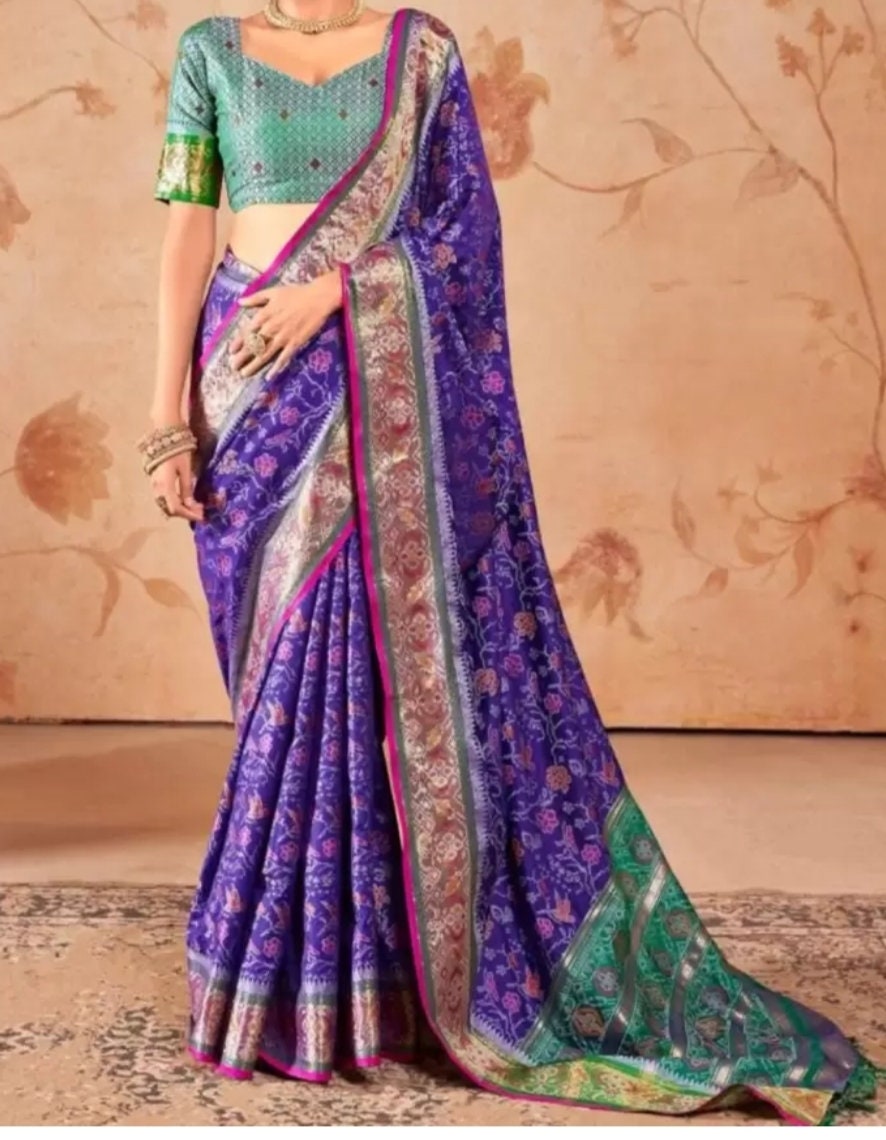 Woven Design Zari Art Silk Patola Saree, Purple and green Patola saree, Woven design saree with woven design border With FREE Petticoat