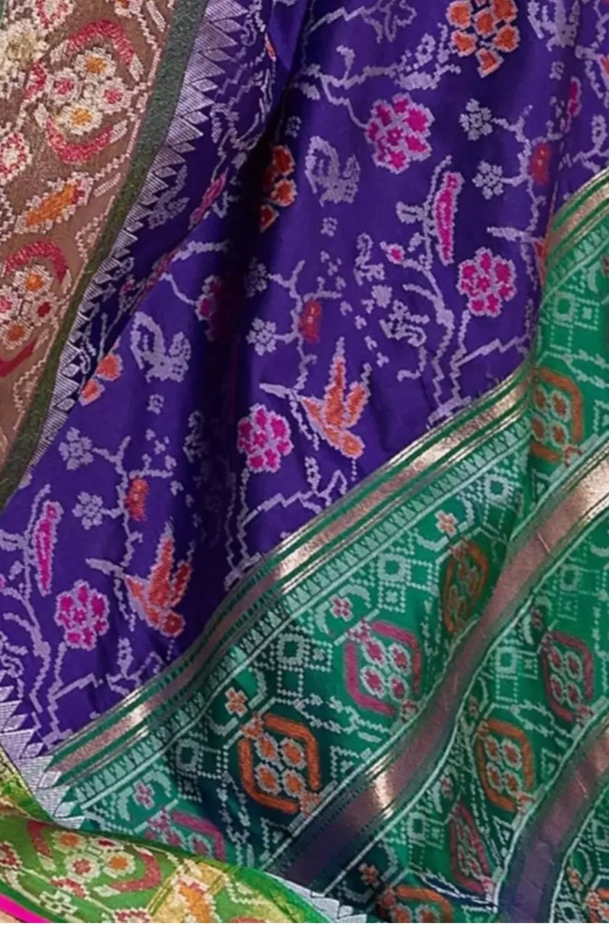 Woven Design Zari Art Silk Patola Saree, Purple and green Patola saree, Woven design saree with woven design border With FREE Petticoat