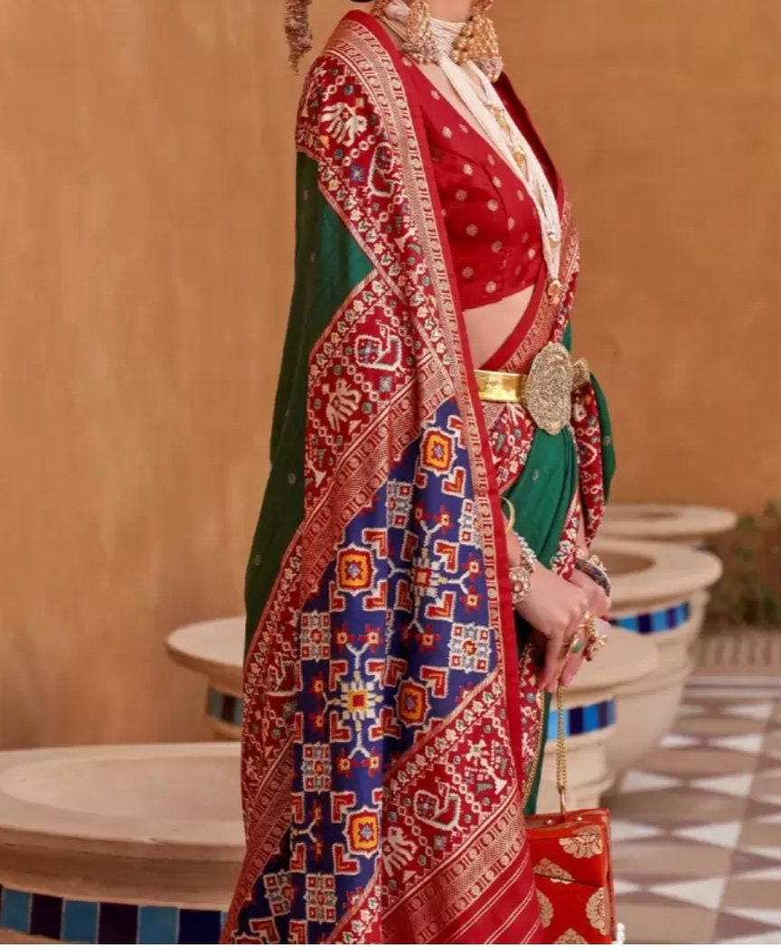 Green & Red Ethnic Motifs Woven Design Silk Blend Patola Saree, Green and red,blue patola saree, Saree With FREE Matching Petticoat