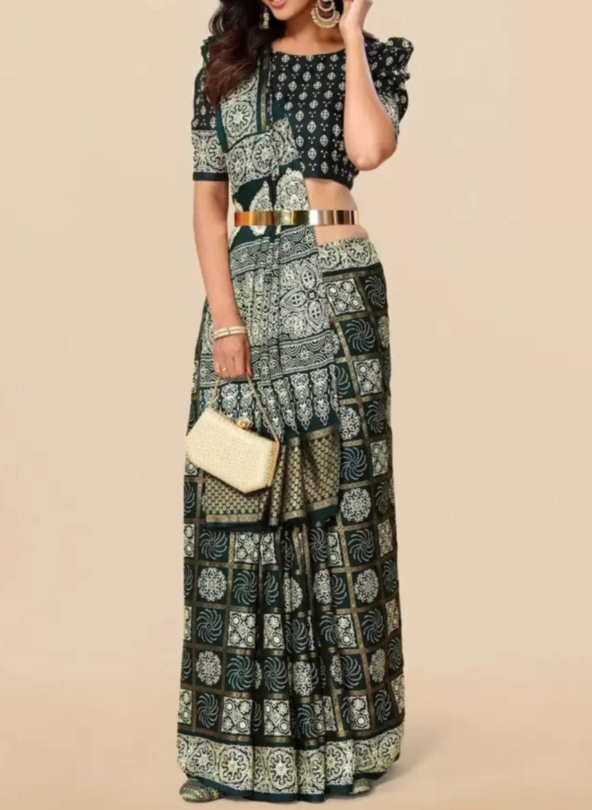 Ethnic Motifs Printed Pashmina Patola Saree, Teal and yellow patola saree, saree with printed border, Saree With FREE Matching Petticoat