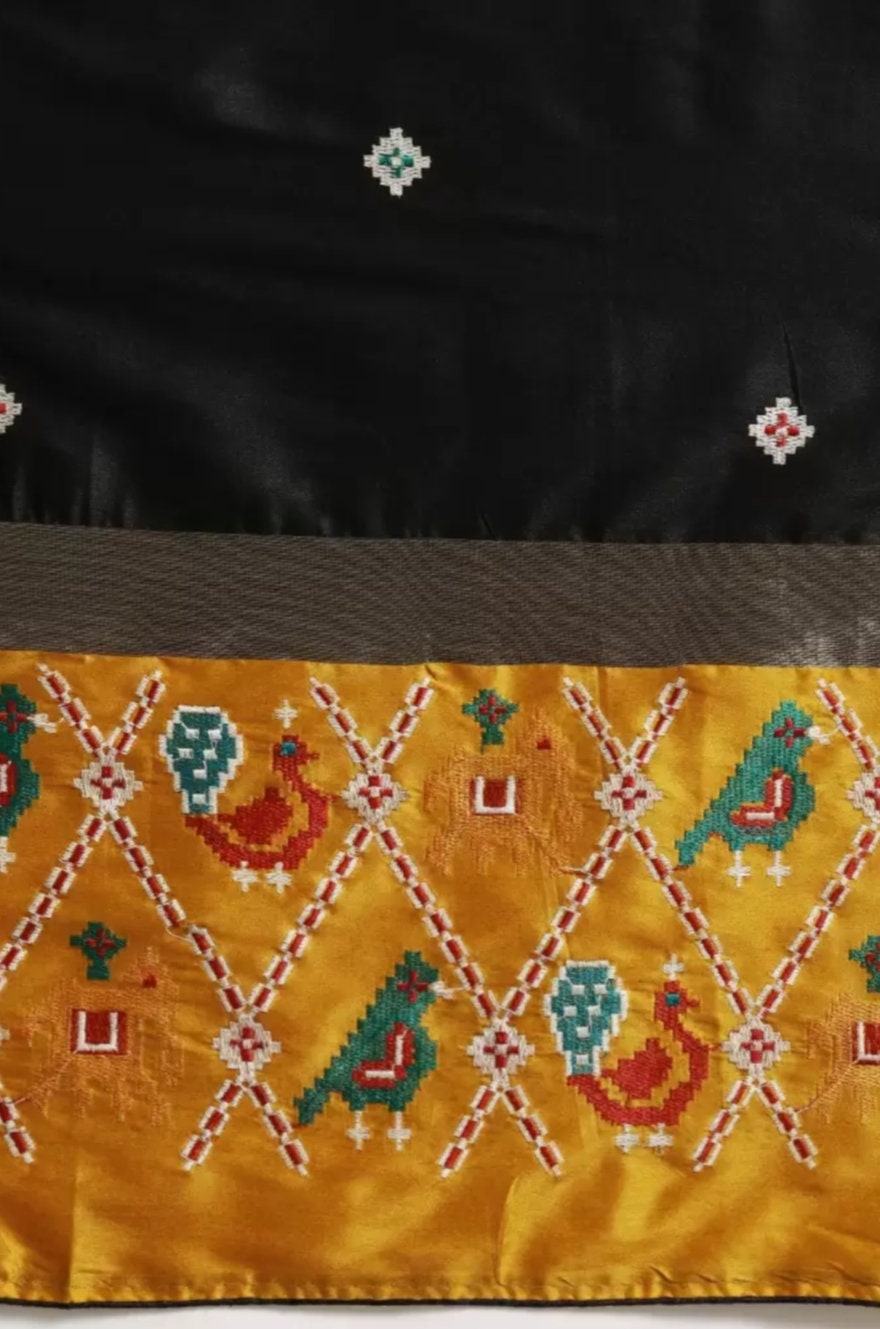 Silk Cotton Woven Design Embroidered Patola Saree With Blouse Piece, Black and Mustard Patola saree, Saree With FREE Matching Petticoat