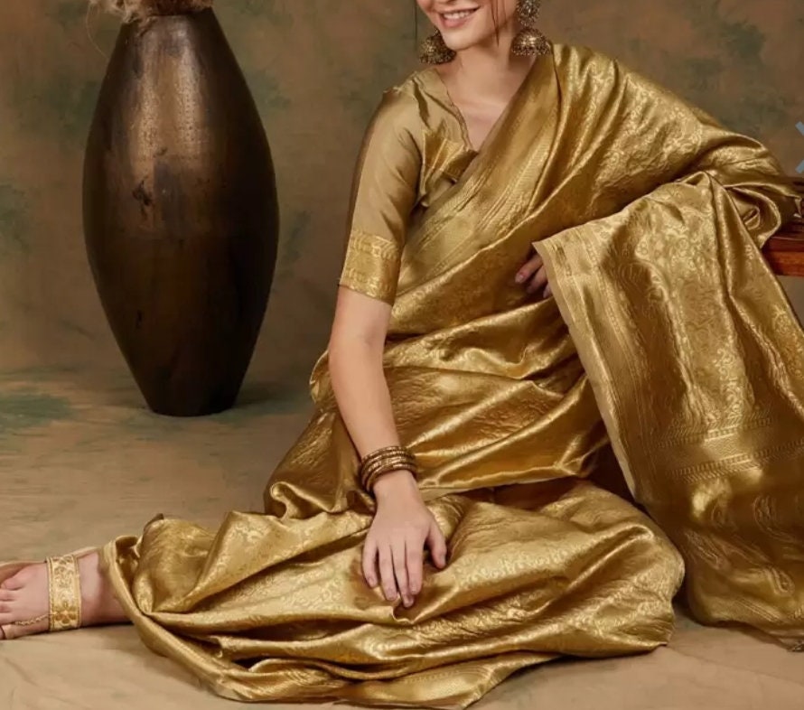 Ethnic Motif Woven-Design Banarasi Saree, Golden Banarasi saree, Saree With FREE Matching Petticoat