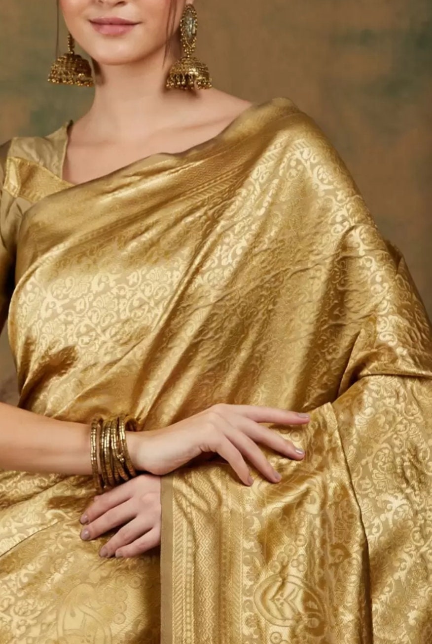 Ethnic Motif Woven-Design Banarasi Saree, Golden Banarasi saree, Saree With FREE Matching Petticoat