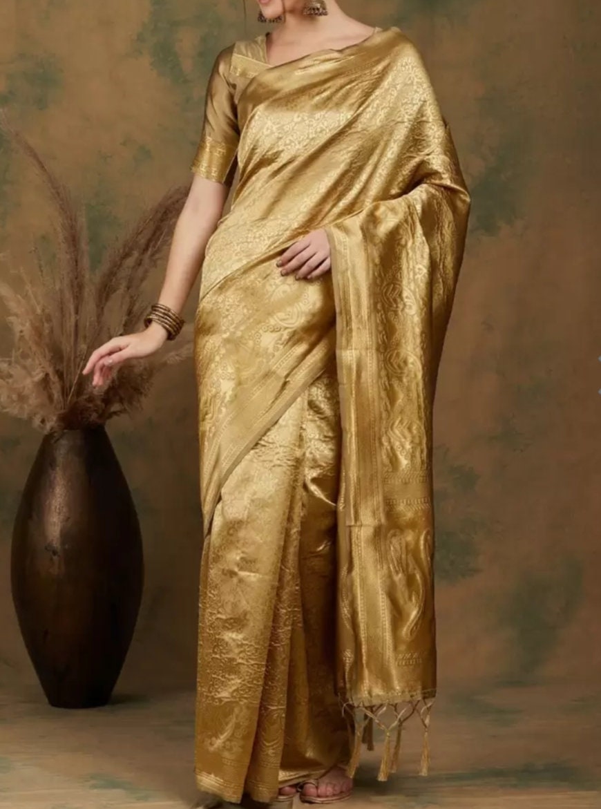 Ethnic Motif Woven-Design Banarasi Saree, Golden Banarasi saree, Saree With FREE Matching Petticoat