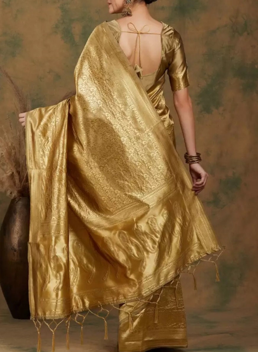 Ethnic Motif Woven-Design Banarasi Saree, Golden Banarasi saree, Saree With FREE Matching Petticoat