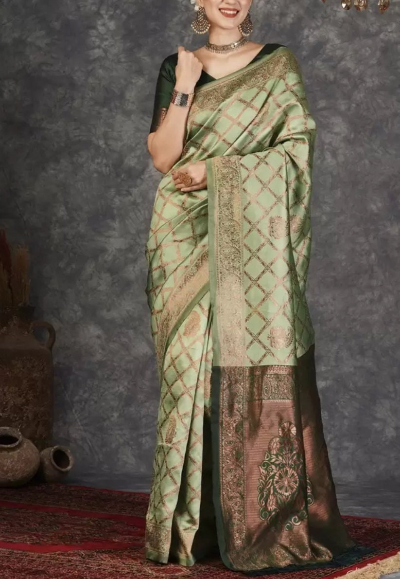 Woven Design Zari Silk Blend Designer Banarasi Saree, Lime green banarasi saree, Saree With FREE Matching Petticoat