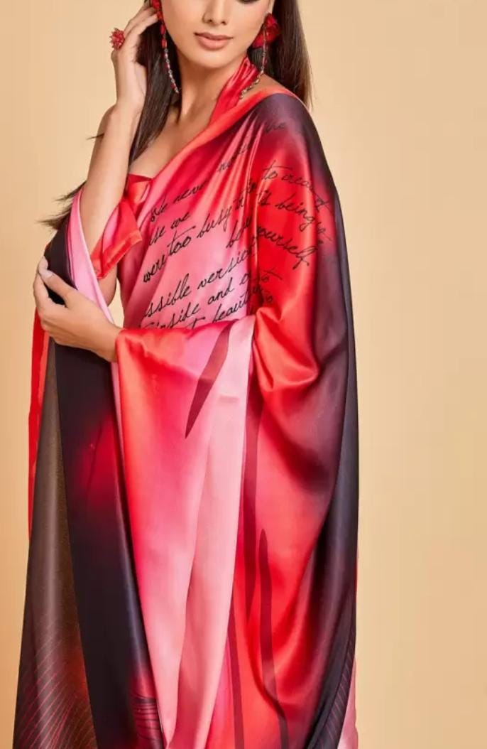 Peach Colored Tie and Dye Satin Saree with Solid Border and FREE Matching Petticoat Perfect for Valentine's Day Gifts Elegant Evening Wear