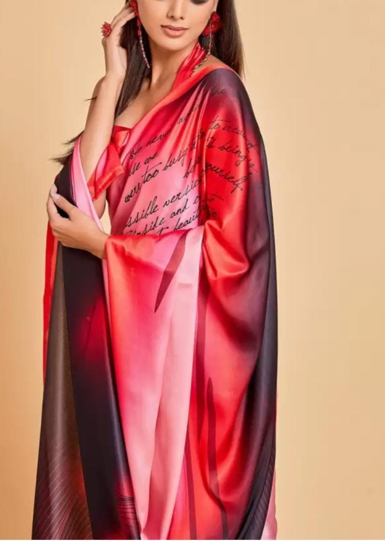 Peach Colored Tie and Dye Satin Saree with Solid Border and FREE Matching Petticoat Perfect for Valentine's Day Gifts Elegant Evening Wear