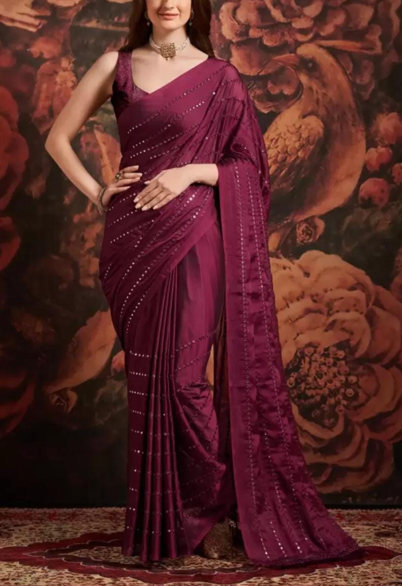 Magenta Pure Georgette Saree with Embellished Mirror Work and FREE Matching Petticoat Ideal for Weddings Pooja and Traditional Celebrations