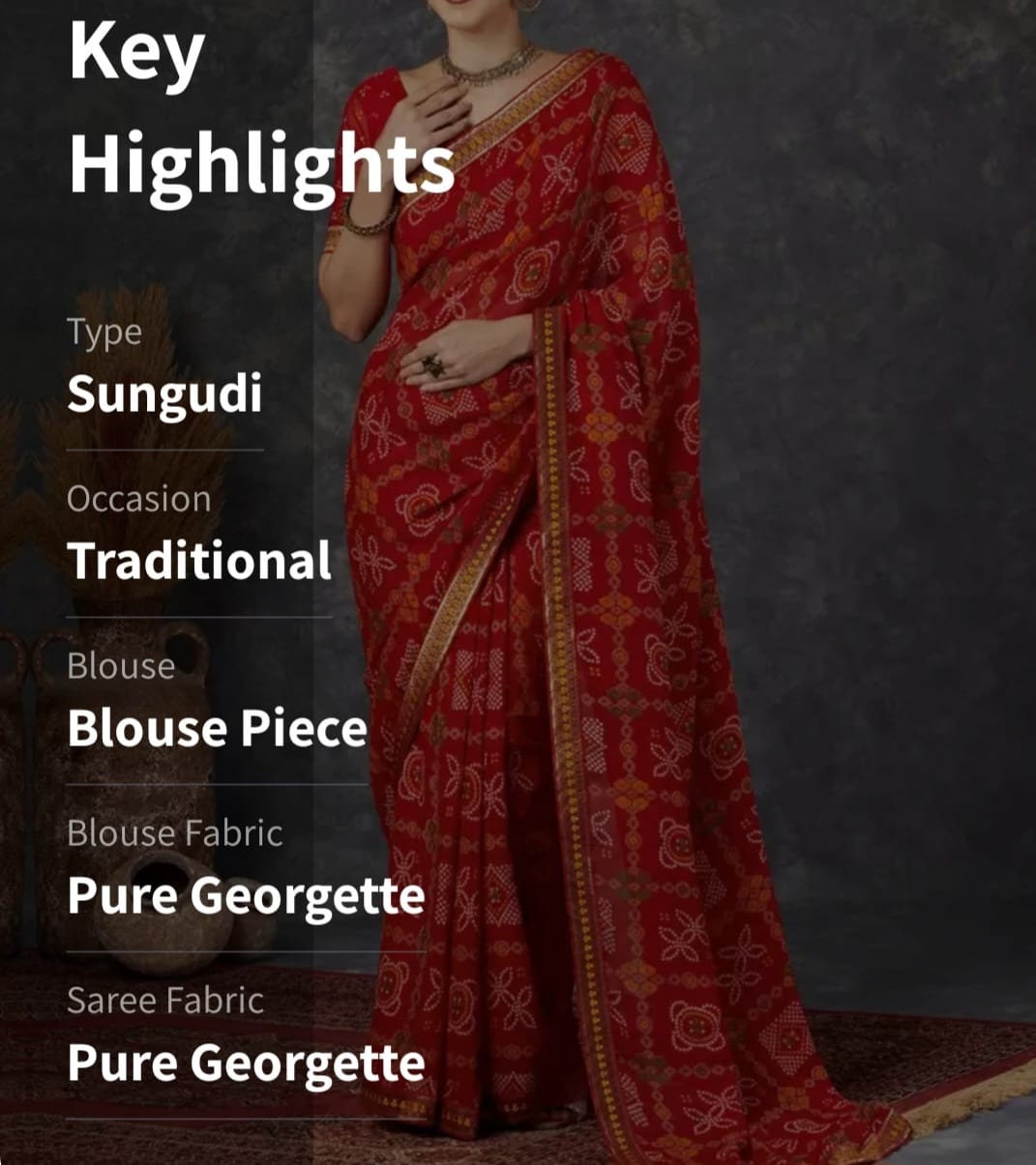 Zari Pure Georgette Sungudi Saree,Red and green sungudi saree, Geometric printed saree with embellished border, With FREE Matching Petticoat