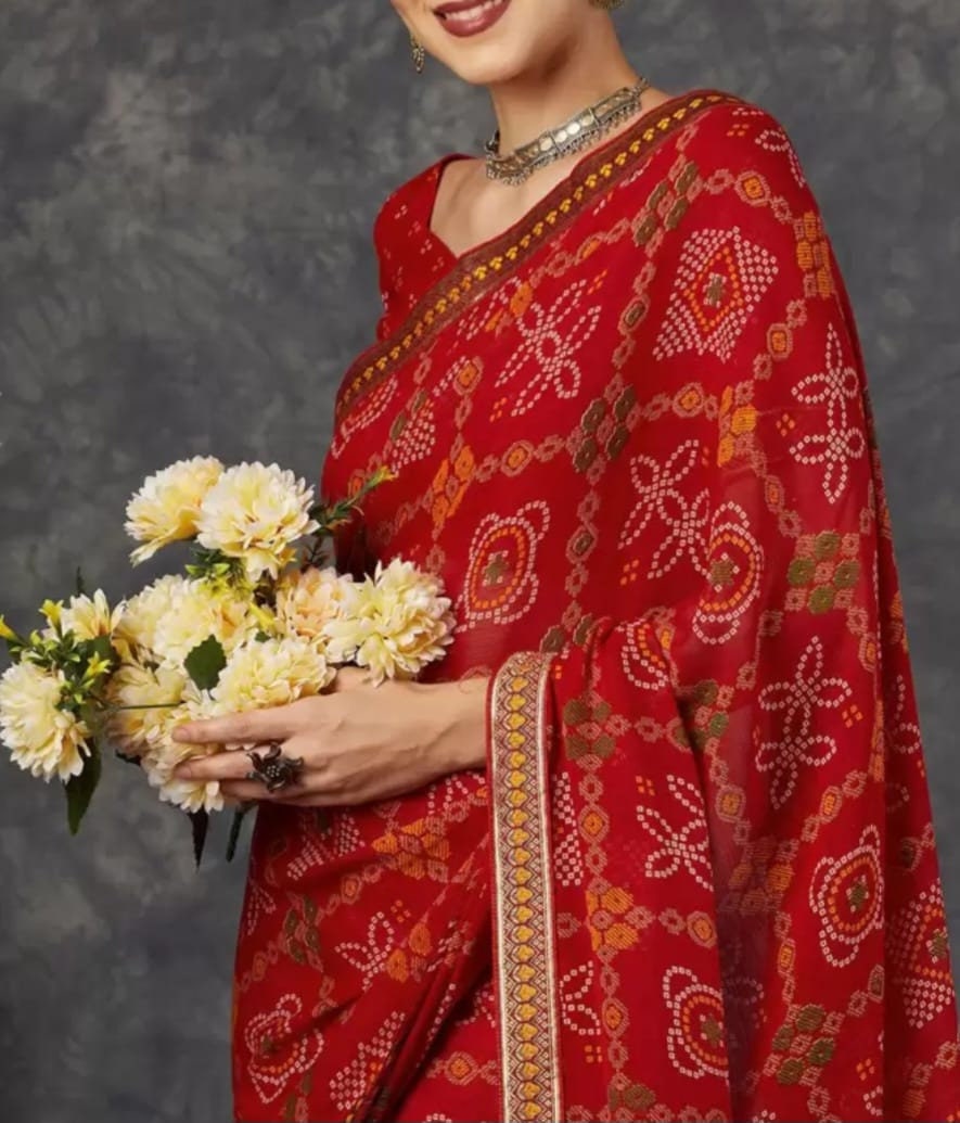 Zari Pure Georgette Sungudi Saree,Red and green sungudi saree, Geometric printed saree with embellished border, With FREE Matching Petticoat