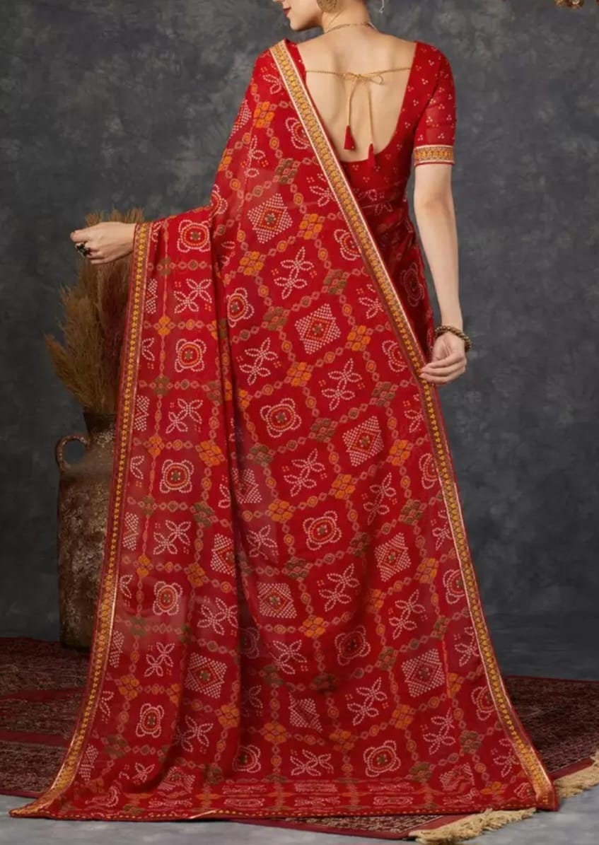 Zari Pure Georgette Sungudi Saree,Red and green sungudi saree, Geometric printed saree with embellished border, With FREE Matching Petticoat