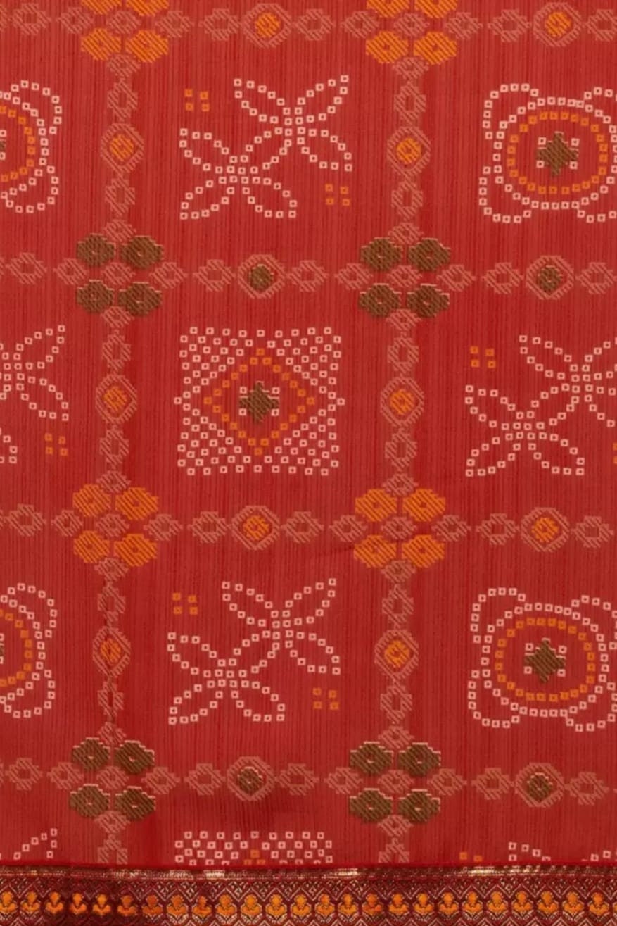 Zari Pure Georgette Sungudi Saree,Red and green sungudi saree, Geometric printed saree with embellished border, With FREE Matching Petticoat